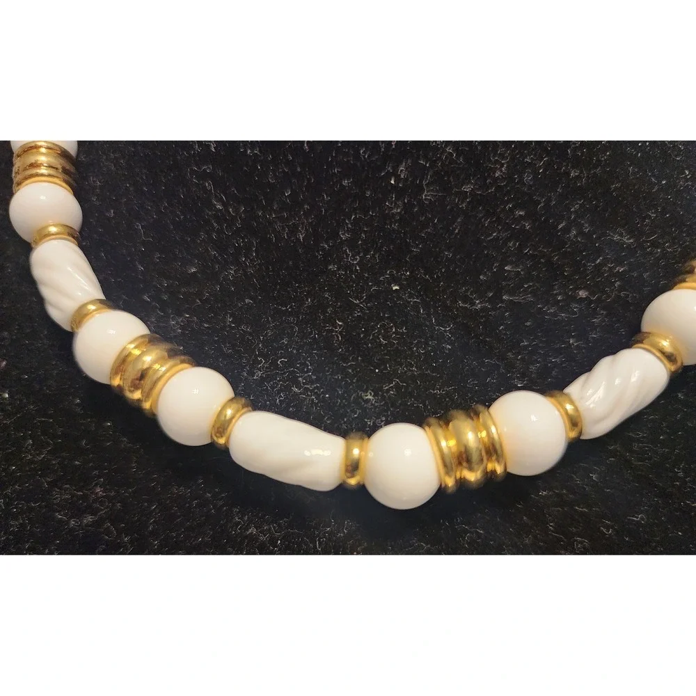 Vintage Monet White Lucite and Gold Tone Beaded Collar Necklace Adjustable Hook